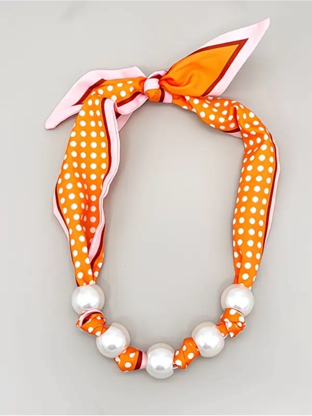 Small Orange, Pink, Maroon,& White Clavicle Scarf Necklace w/ Large Faux-Pearls